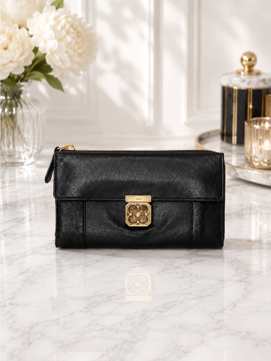 Chloe Handbags - Chloé Elsie Black Leather Zip-Around Wallet Gold Twist Lock
